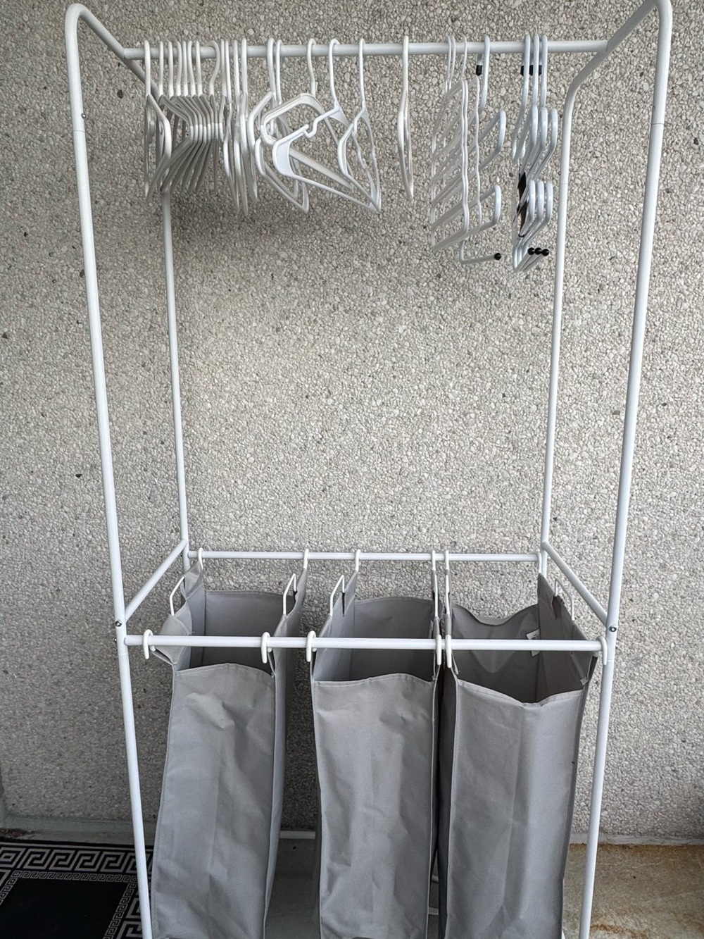 White Metal Frame 3-Bag Laundry Organizer with Gray Hampers